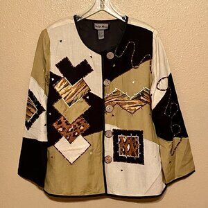 Indigo moon Vintage appliqué patchwork jacket Animal Print Artsy Women's Sz L